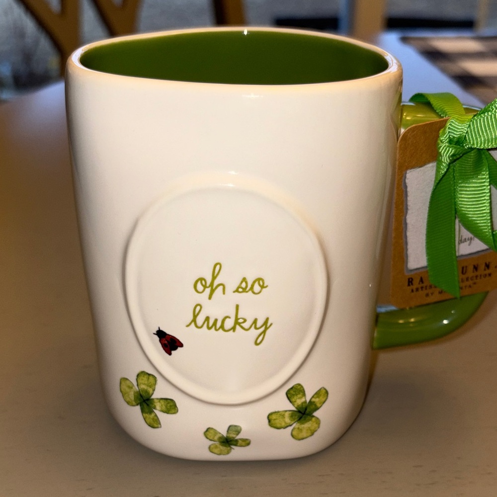Rae Dunn Oh So Lucky Mug - Cream with Green Interior